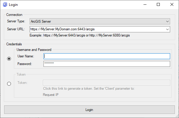 GeoEvent Logger Login dialog box GeoEvent Logger Login dialog box